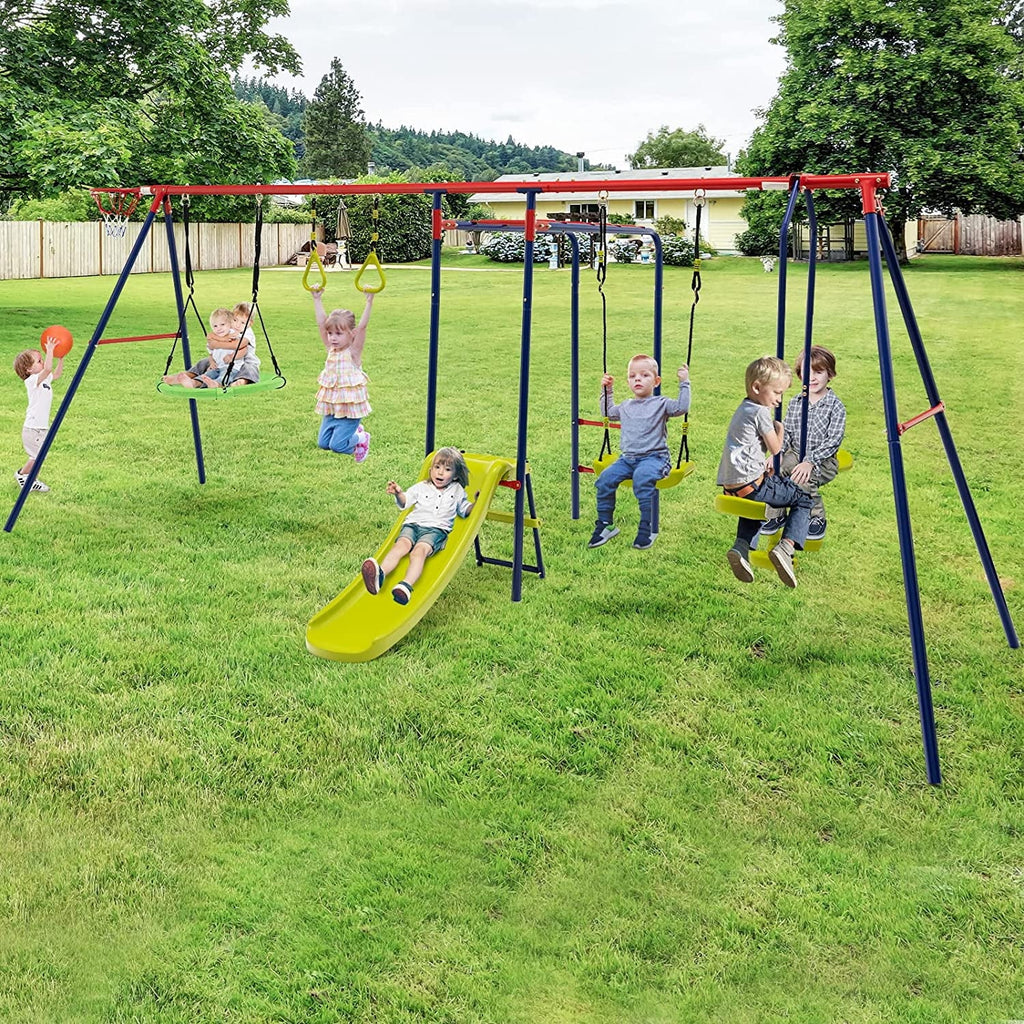 OLAKIDS Swing Sets Backyard, 7 in 1 Outdoor A-Frame Heavy Duty Metal Swing Stand with Monkey Bar Kids, 660LBS Playground Playset with Slide, 2 Swings, Glider, Trapeze Rings, Basketball Hoop