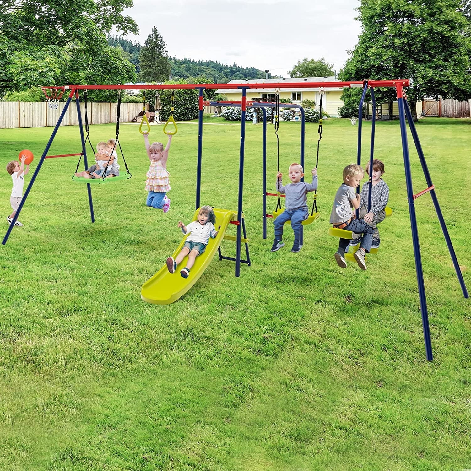 OLAKIDS Swing Sets Backyard, 7 in 1 Outdoor A-Frame Heavy Duty Metal Swing Stand with Monkey Bar Kids, 660LBS Playground Playset with Slide, 2 Swings, Glider, Trapeze Rings, Basketball Hoop