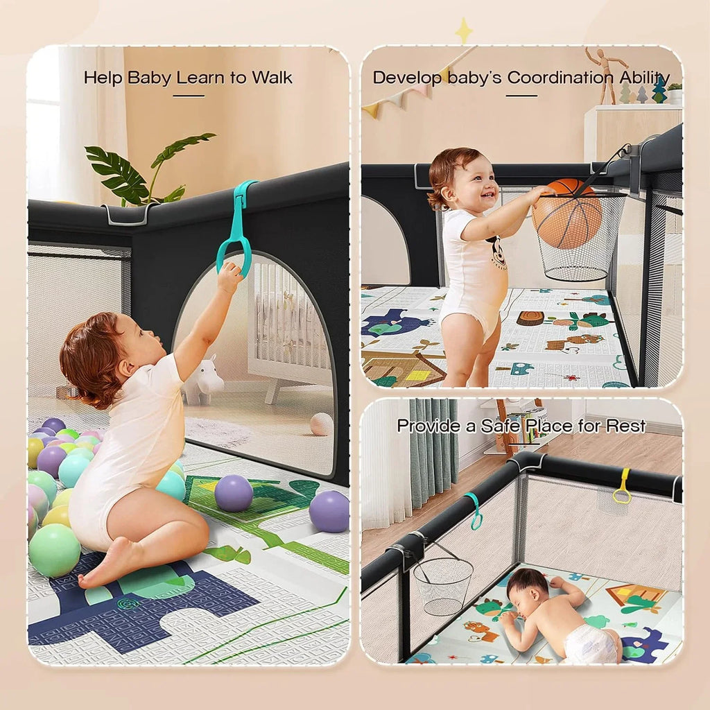 Upgraded 320D Washable Baby Playpen with Padding Mat, 6in1 Large Playpen Toddlers, Sturdy & Safe Playpen with Padded Cotton Top Rod Protecting Babies, Baby Play Yard with Zipper Gate