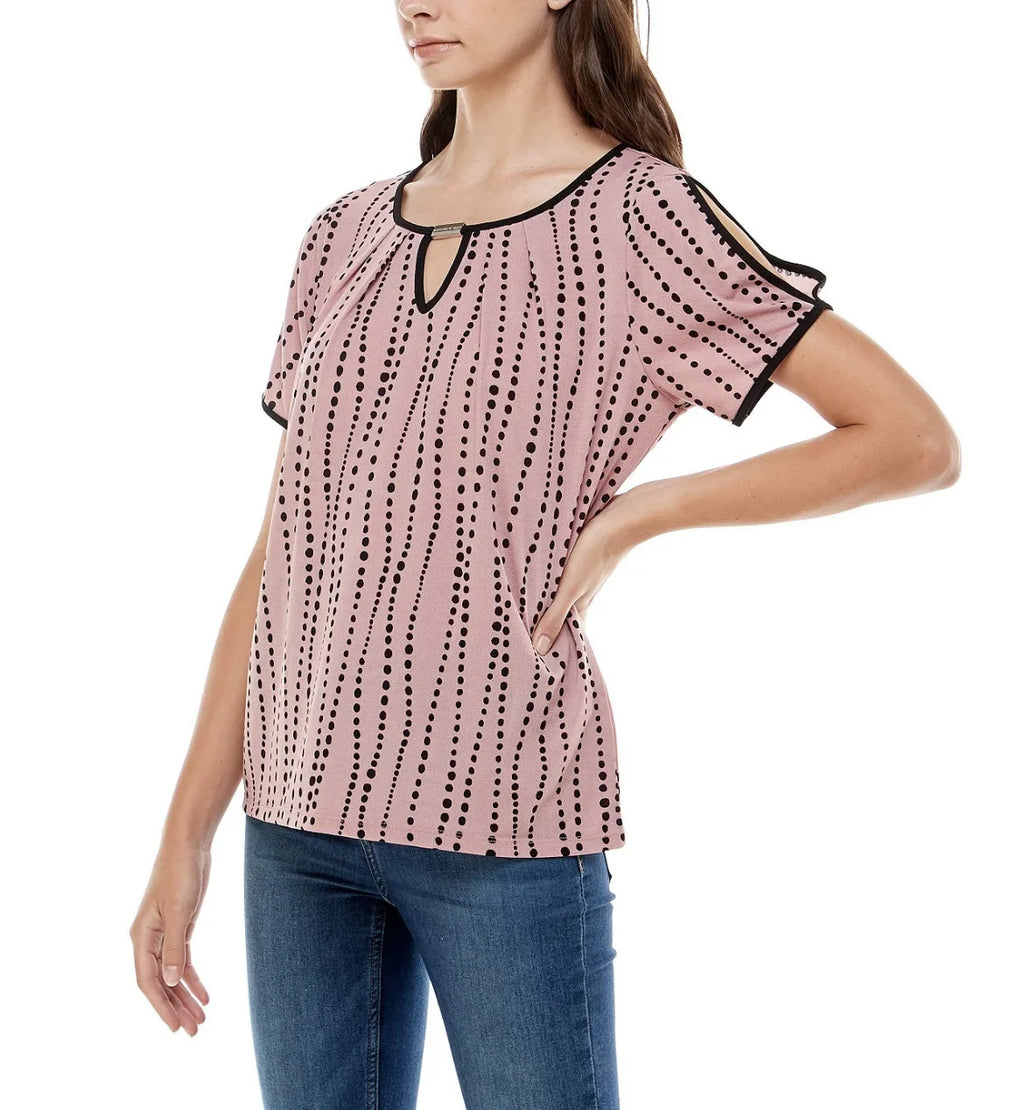 Adrienne Vittadini Women's Keyhole and Contrast Binding Split Sleeve Top Size XL