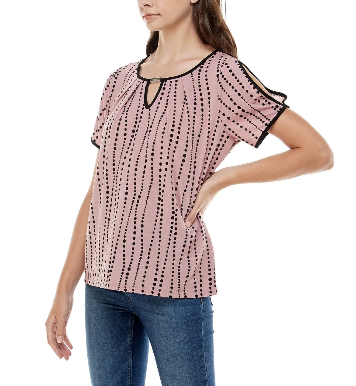 Adrienne Vittadini Women's Keyhole and Contrast Binding Split Sleeve Top Size XL