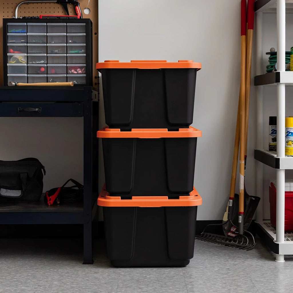 IRIS USA 3 Pack 108qt/27gal Heavy Duty Utility Tough Tote, Black with Orange Lid