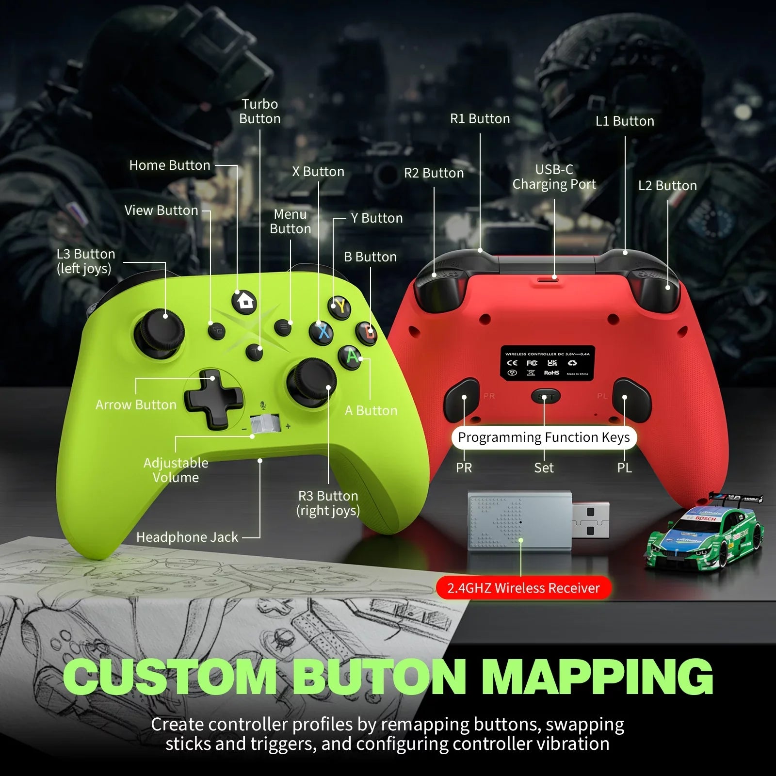2 Pack Wireless Xbox Controller Xbox One, Xbox One X/S, Xbox Series X/S, Windows PC 10/11 Gamepad with Audio Jack & Volume Button/Turbo/Macro/Motion Control & Rechargeable Battery - Green+Red