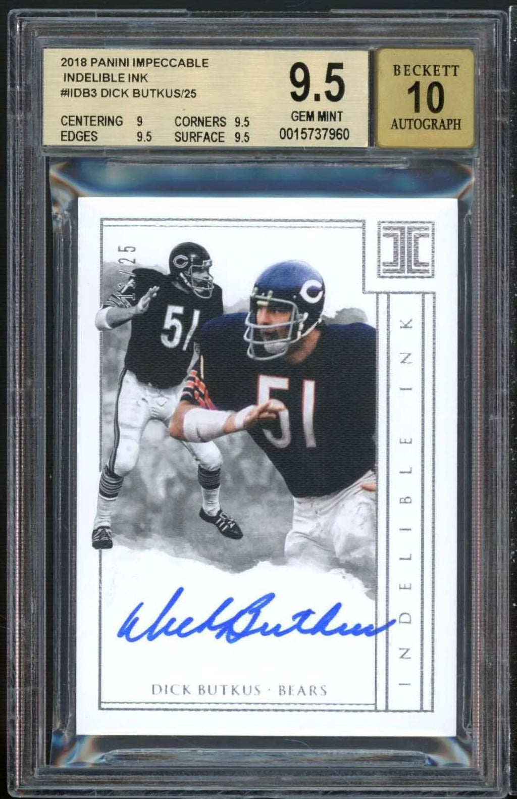 Dick Butkus Card 2018 Panini Impeccable Indelible Ink #3 (serial 12/25) BGS 9.5