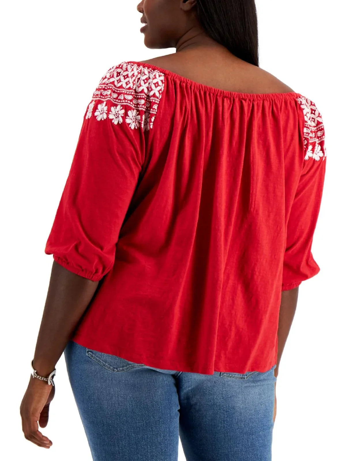 Tommy Hilfiger Women's Off The Shoulder Embroidered Top Red Size 3X