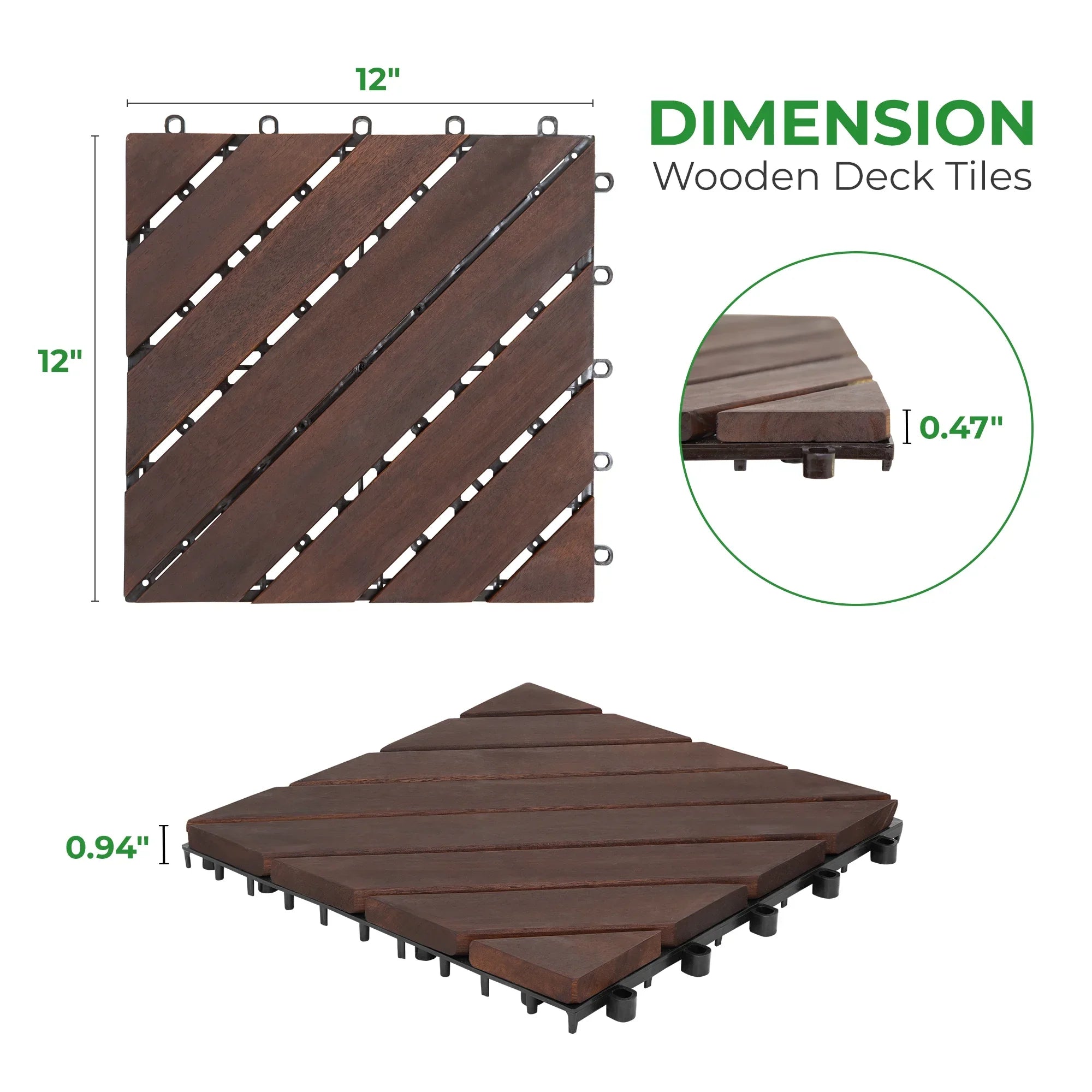 Interlocking Deck Tiles 12"x12"x0.94'' Dark Brown Acacia Wood 8 slant slats Patio Decor Flooring Tiles -Acacia Wood Interlocking Floor Tile -Interlocking Wood Flooring Squares Tile