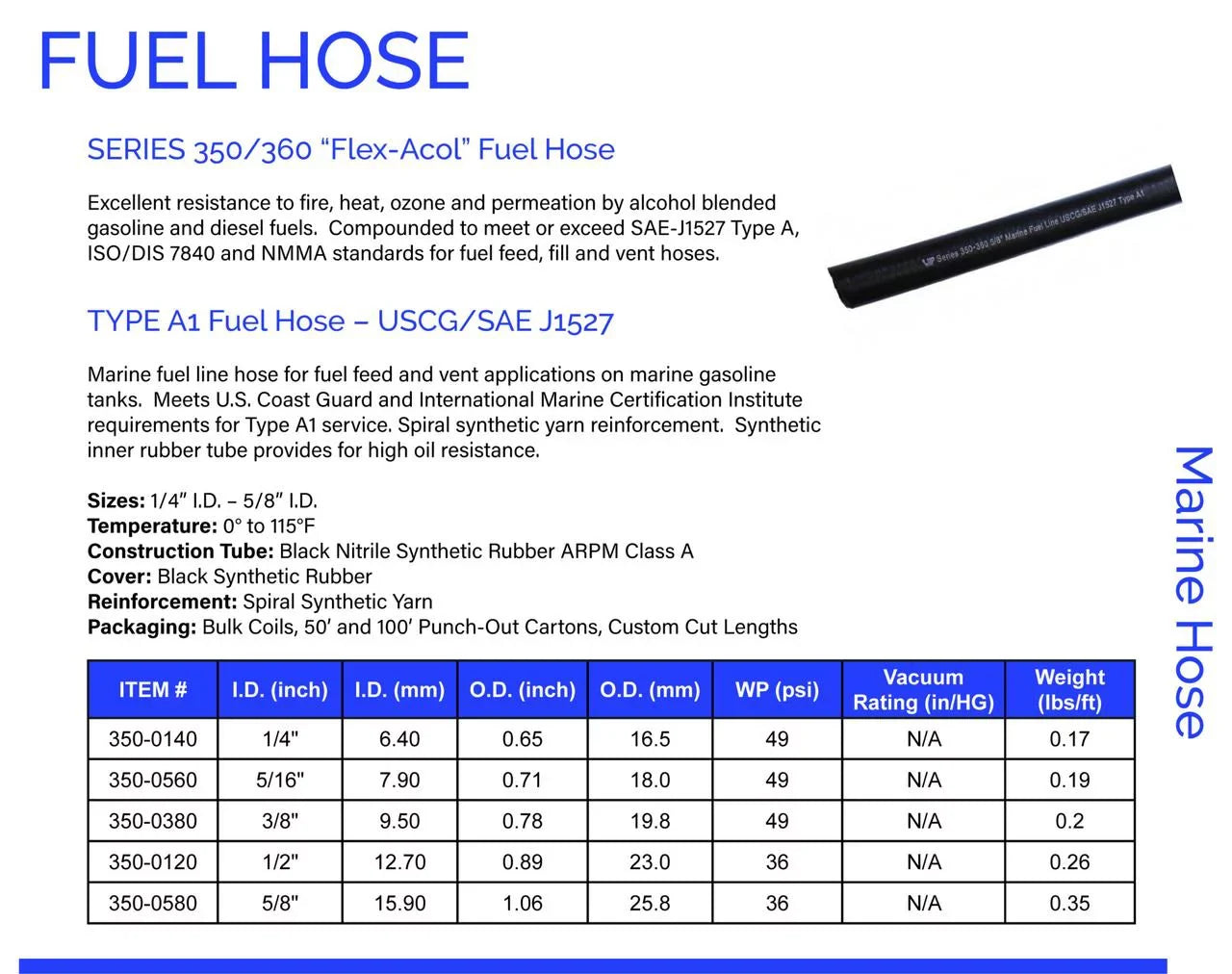 A1 Marine Fuel Hose A1 Boot Fuel Line 3/8" ID USCG Low Permeation Fuel Feed Hose Unaflex UIP New Line 25 feet