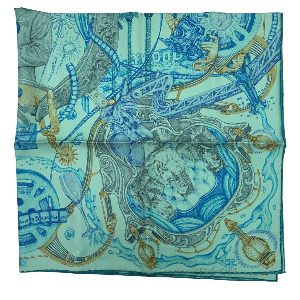 Pre-Owned Hermes HERMES Kare90 The Horsewards Horse Award Silk Green Blue Gray Scarf Large Ladies (Like New)
