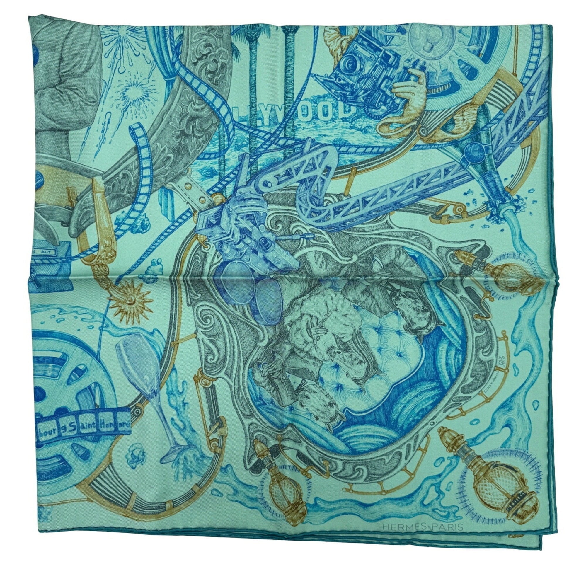 Pre-Owned Hermes HERMES Kare90 The Horsewards Horse Award Silk Green Blue Gray Scarf Large Ladies (Like New)