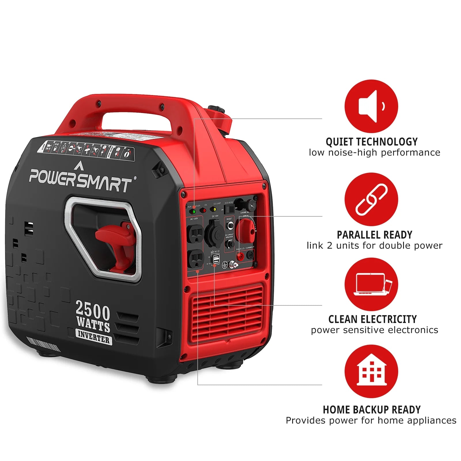 PowerSmart 2500W Portable Inverter Gas Generator，Super Quiet，Low Oil Shutdown, Ultra Lightweight Camping
