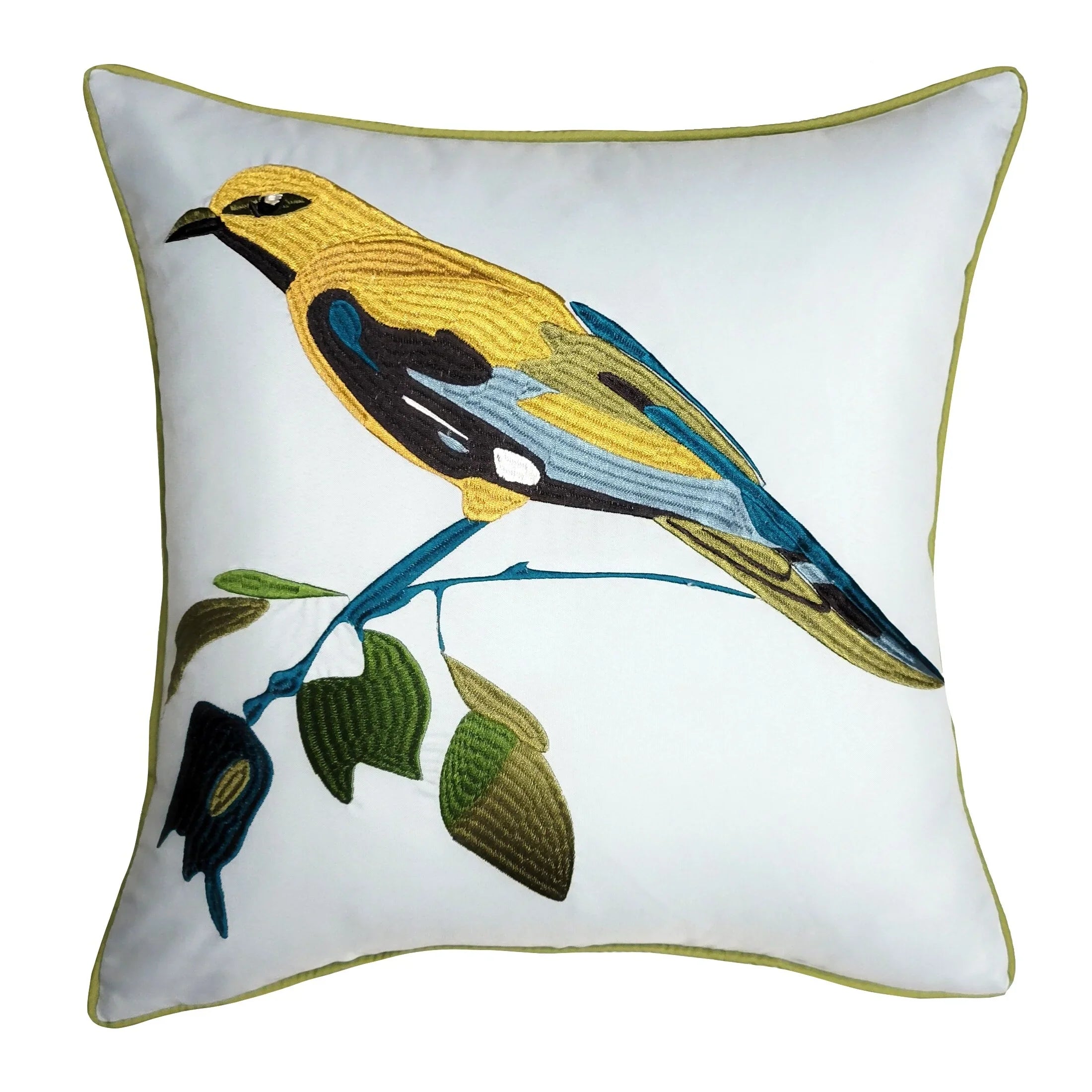Levinsohn Textile Company Edie At Home Indoor/Outdoor Bold Embroidered Bird Decorative Throw Pillow 18x18, Leaf Multi