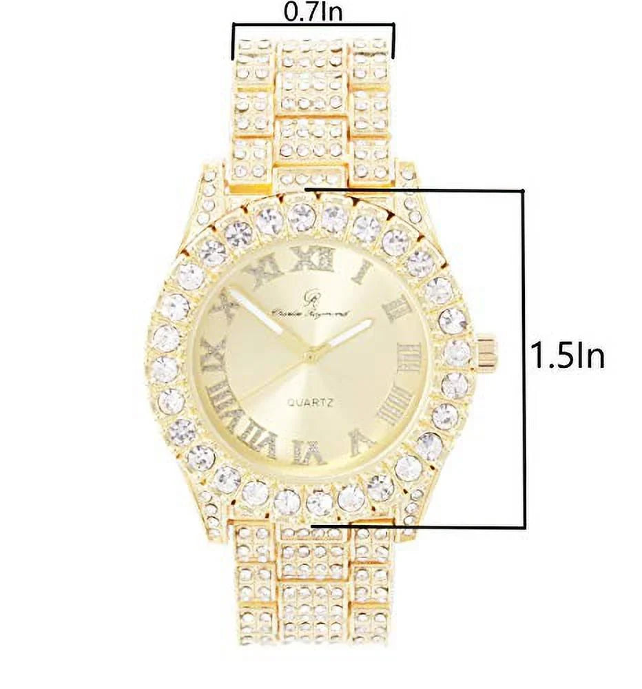 Charles Raymond Women's Big Rocks Blinged Out Dial with Roman Numerals Fully Iced Out Hip Hop Wristwatch - ST10327LA (Gold-Gold)