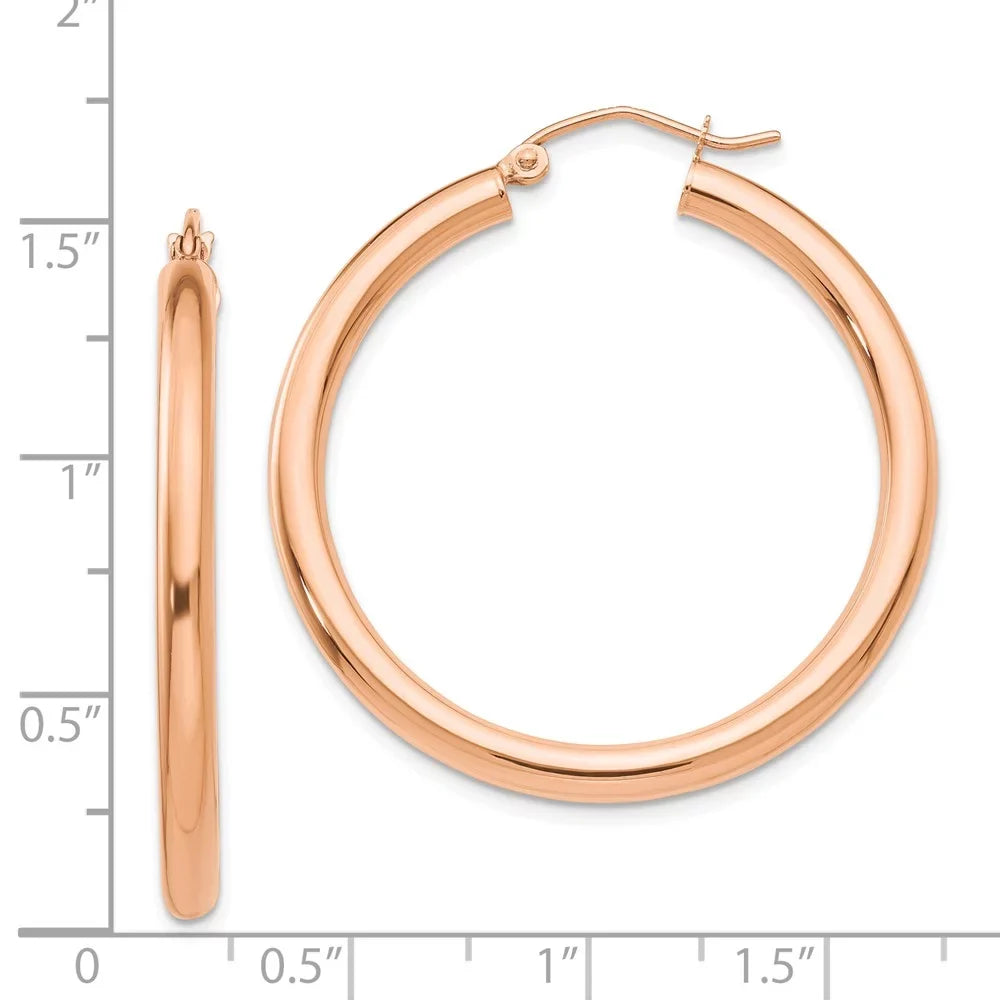 Real 14kt Rose Gold Polished 3mm Lightweight Tube Hoop Earrings; Adults and Teens; Women and Men