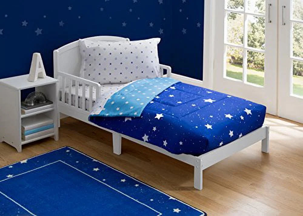 Toddler Bedding Set | Boys 4 Piece Collection | Fitted Sheet, Flat Top Sheet w/ Elastic bottom, Fitted Comter w/ Elastic bottom, Pillowcase | Delta Children | Boys Starry Night | Blue Stars