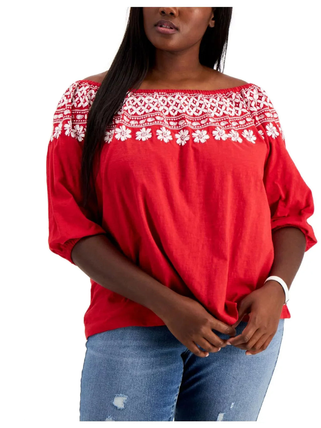 Tommy Hilfiger Women's Off The Shoulder Embroidered Top Red Size 3X