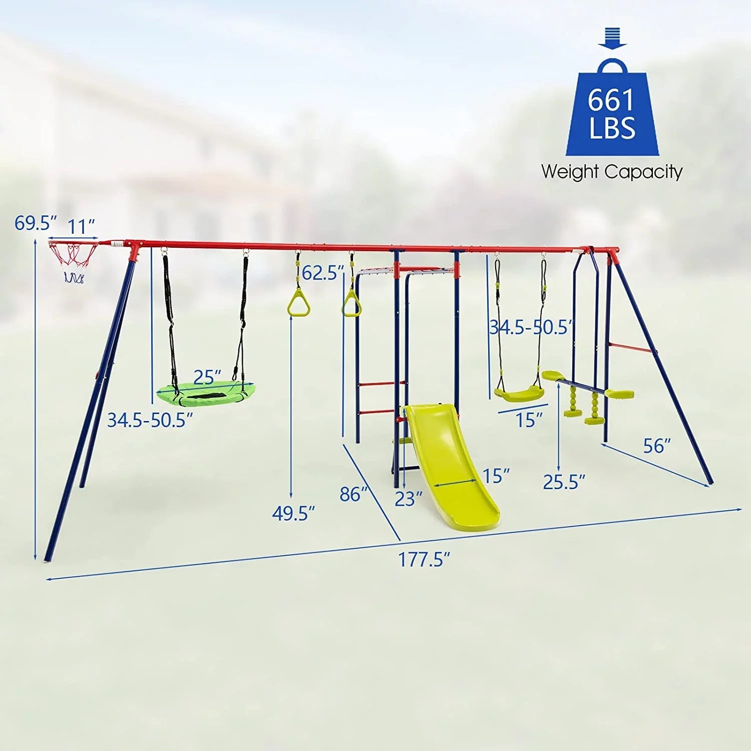 OLAKIDS Swing Sets Backyard, 7 in 1 Outdoor A-Frame Heavy Duty Metal Swing Stand with Monkey Bar Kids, 660LBS Playground Playset with Slide, 2 Swings, Glider, Trapeze Rings, Basketball Hoop
