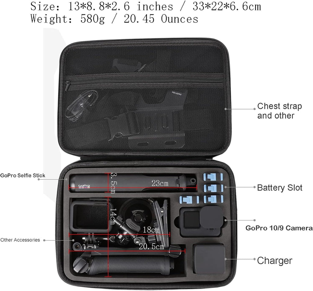 PellKing Large Carrying Surface-Waterproof Case GoPro 12,11,10,9 Camera,Hard Shell Bag with EVA Liner