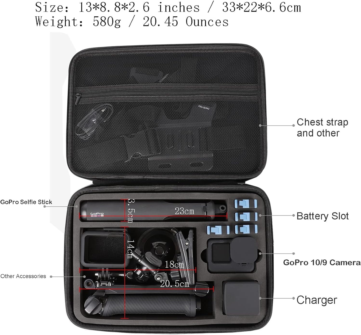 PellKing Large Carrying Surface-Waterproof Case GoPro 12,11,10,9 Camera,Hard Shell Bag with EVA Liner