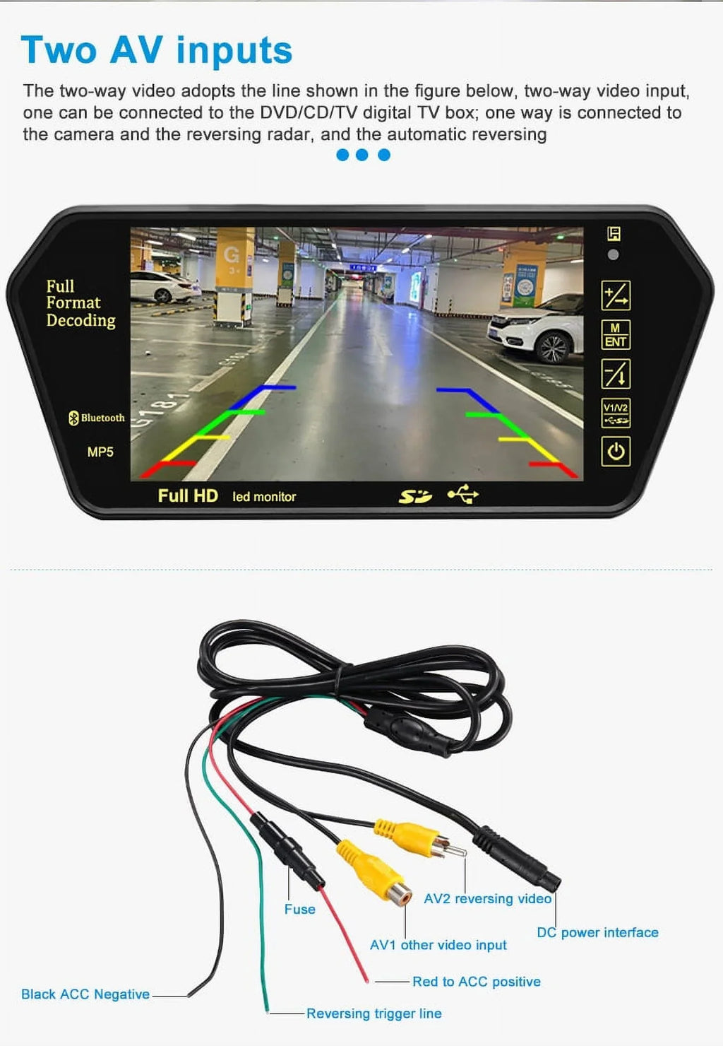 7 Inch TFT LCD Display 800*480 Parking System Rear View Camera MP5 USB/SD/FM Car Mirror Monitor Transimitter Night Vision 12-24V