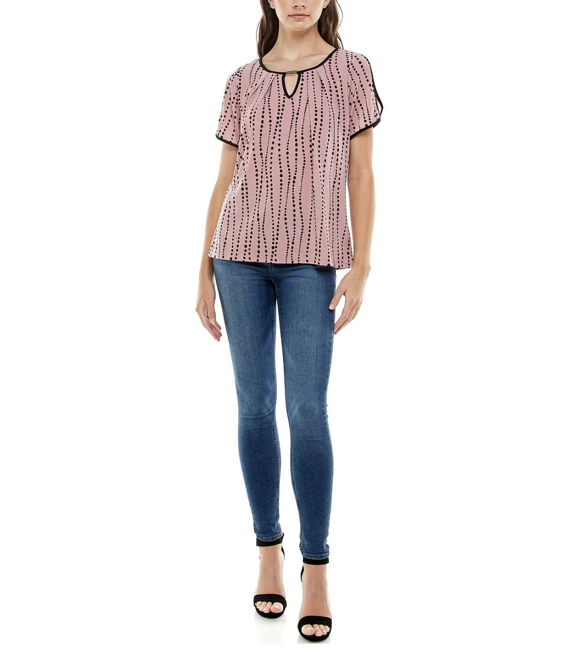 Adrienne Vittadini Women's Keyhole and Contrast Binding Split Sleeve Top Size XL