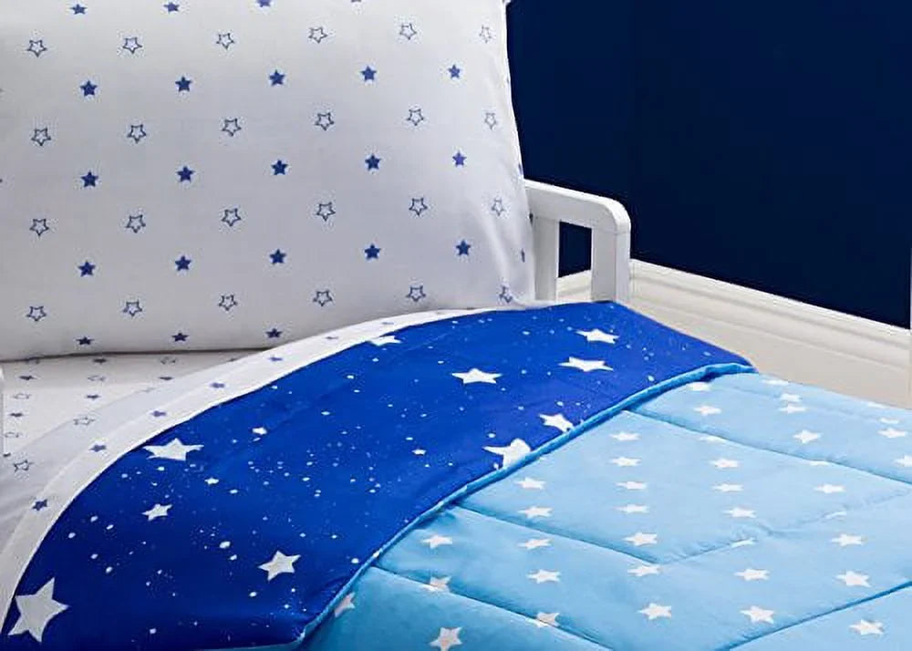Toddler Bedding Set | Boys 4 Piece Collection | Fitted Sheet, Flat Top Sheet w/ Elastic bottom, Fitted Comter w/ Elastic bottom, Pillowcase | Delta Children | Boys Starry Night | Blue Stars