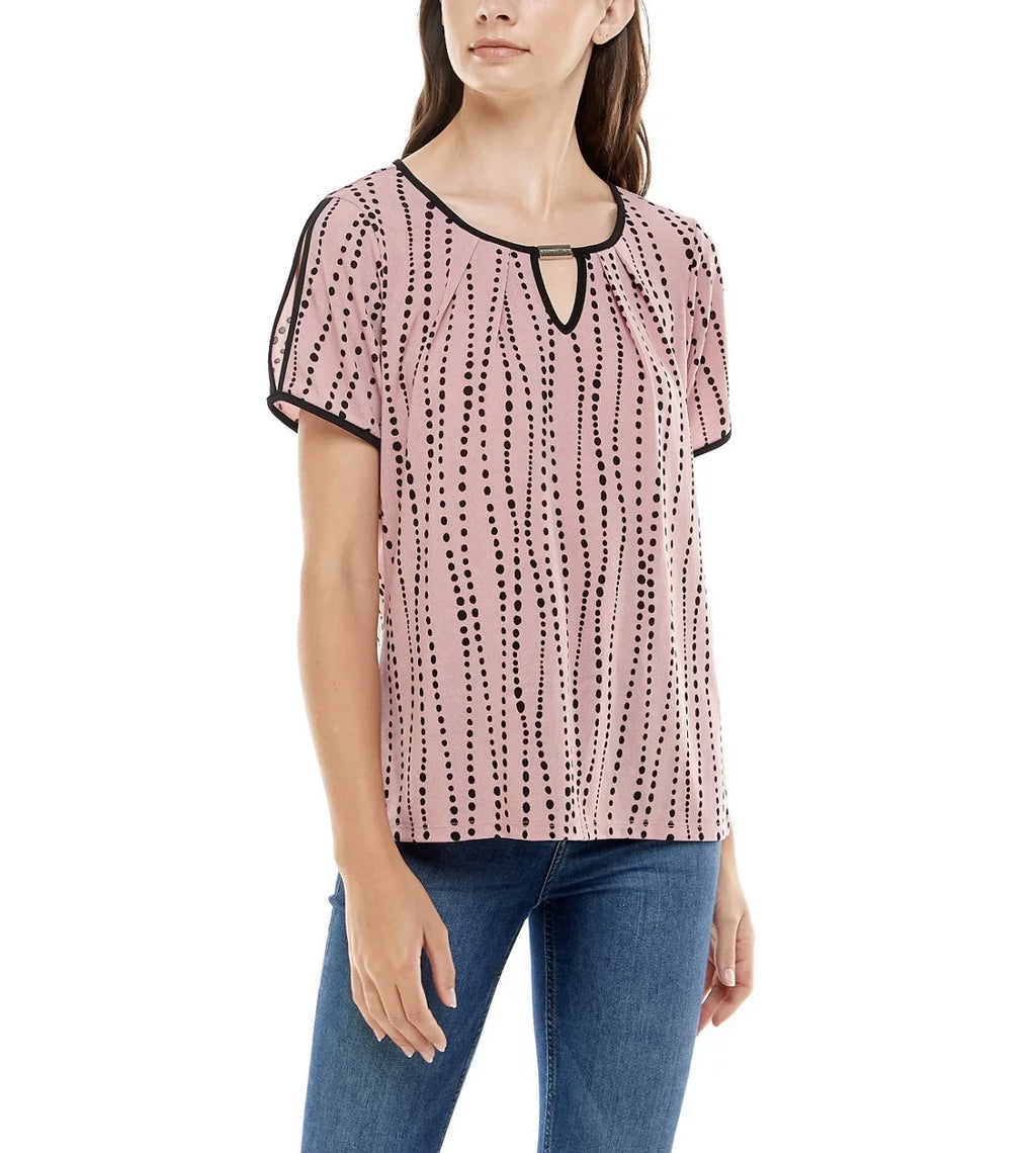 Adrienne Vittadini Women's Keyhole and Contrast Binding Split Sleeve Top Size XL