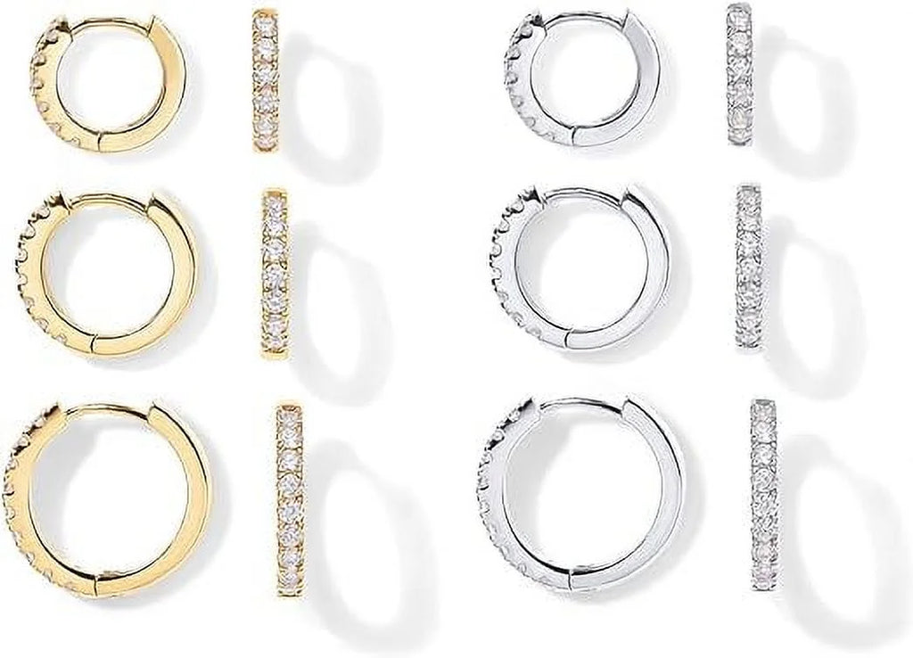 PAVOI 18K Yellow and White Gold Plated Pack 925 Sterling Silver Post, 6 Pairs Small Gold Hoop Earrings Set | Mini Cartilage Helix Huggie Hoop Pack Women Men 8mm 10mm 12mm