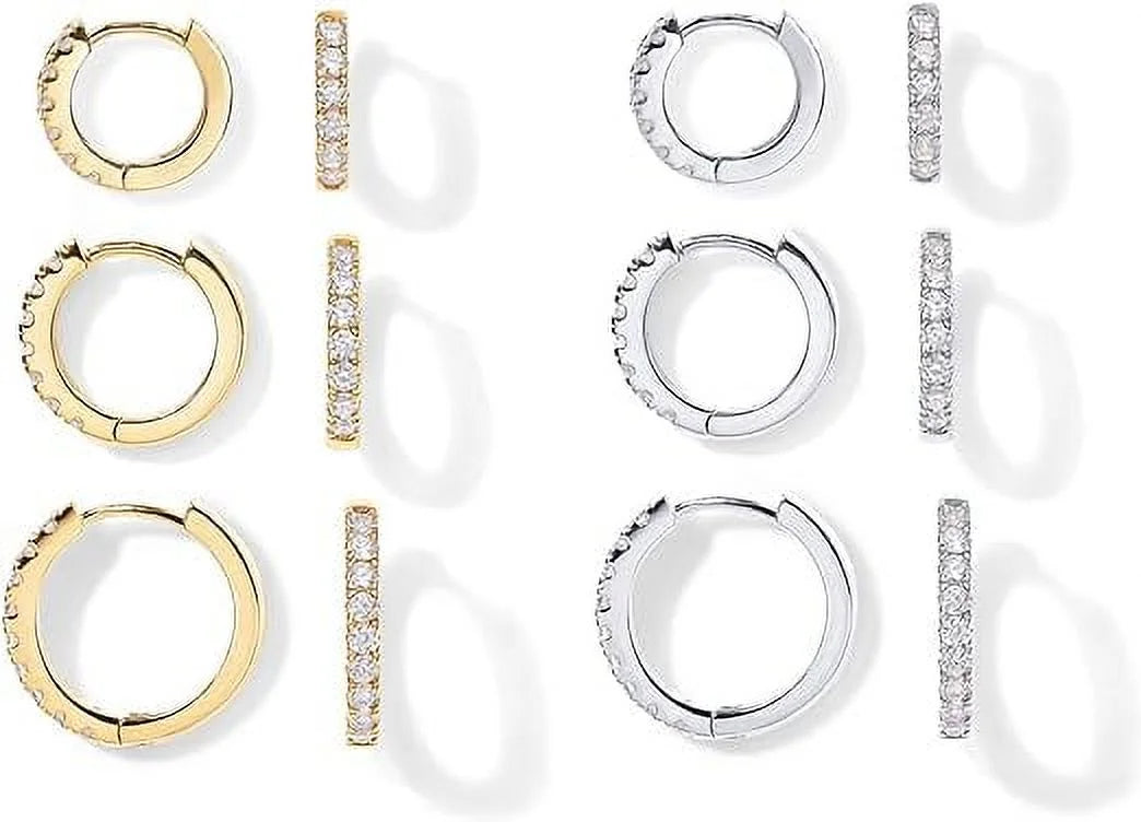 PAVOI 18K Yellow and White Gold Plated Pack 925 Sterling Silver Post, 6 Pairs Small Gold Hoop Earrings Set | Mini Cartilage Helix Huggie Hoop Pack Women Men 8mm 10mm 12mm