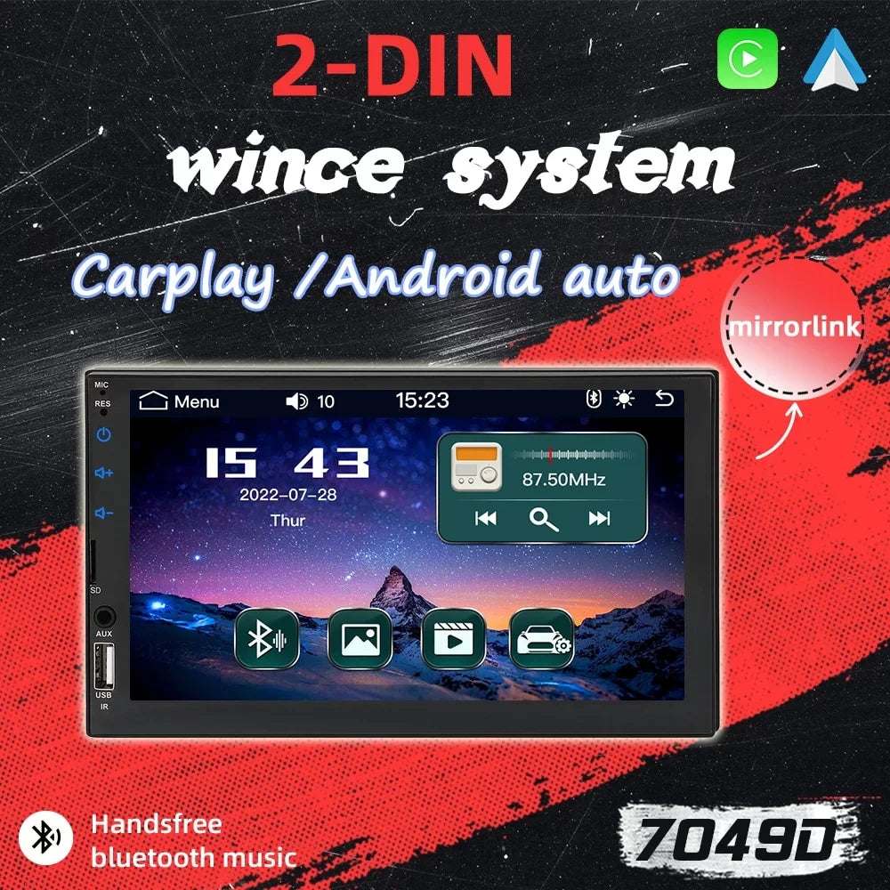 2 Din Car Stereo 7" Touch Screen Multimedia Player Car Play MP5 with Rear View Camera/Android Auto/Autoradio/IOS/Bluetooth/USB/TF