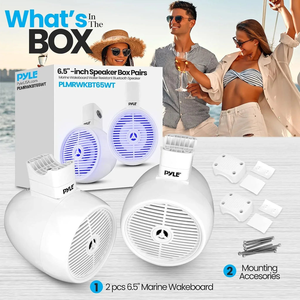 6.5" Marine Wakeboard Water Bluetooth Speaker - Single 2-Way Mini Box Speaker System with Built-in LED Lights, White PLMRWKBT65WT