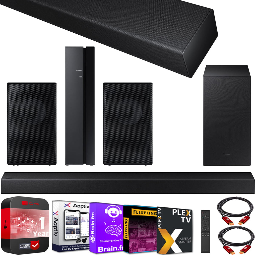 Samsung HW-A450 4.1ch Surround Sound Wireless Home Theater Bundle 2.1ch Dolby Audio Soundbar 2021 HW-A450/ZA + Swa-9100S 2ch Rear Speaker Kit + Subwoofer + Extended Wrap + 2 Deco Gear HDMI Cables