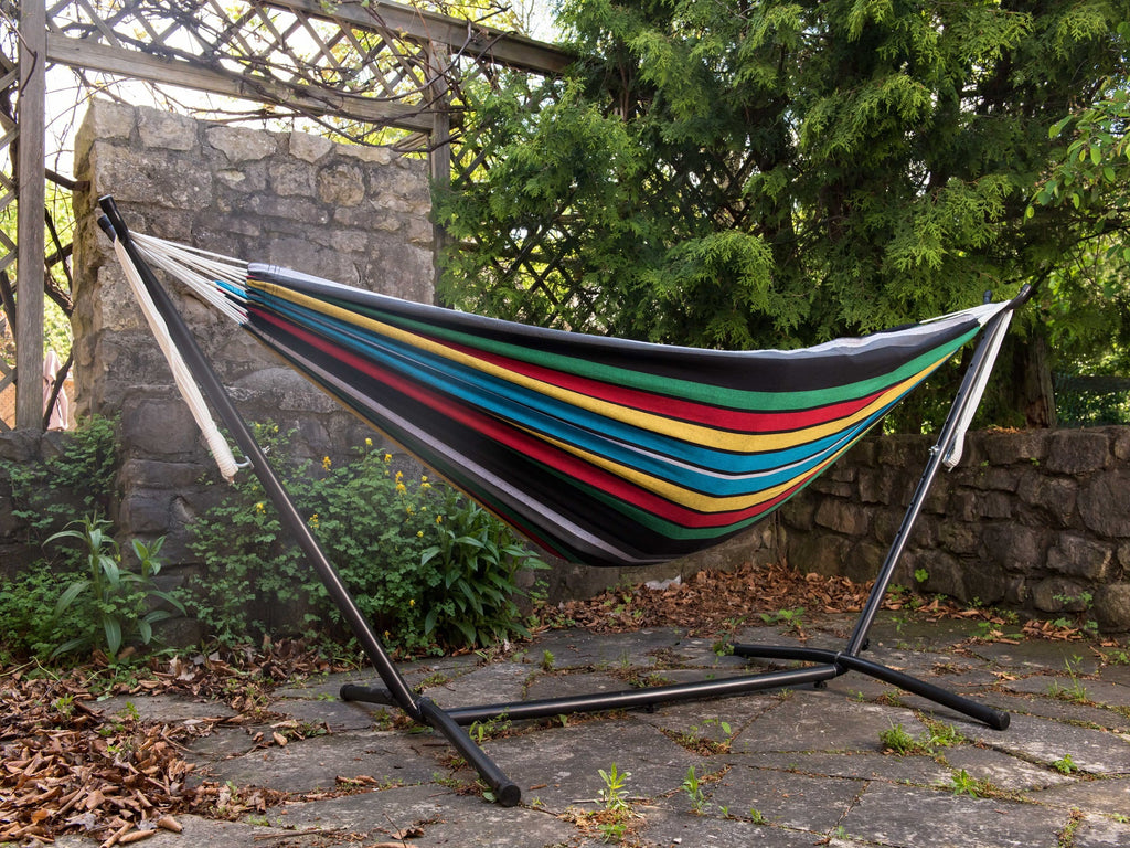 The Hamptons Collection 110” Black and Blue Striped Brazilian Style Hammock with a Steel Hammock