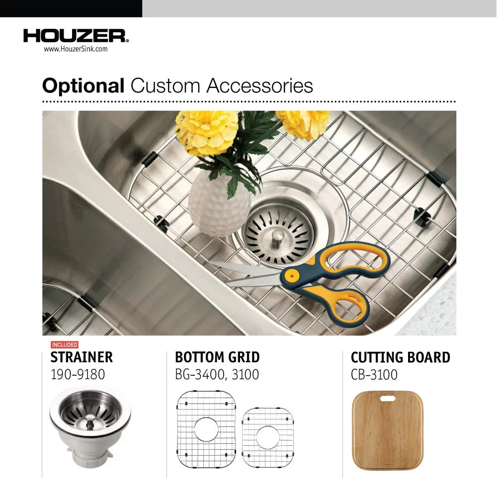 Houzer MEC-3220SR-1 31-1/2" x 17-15/16" x 20-3/16" 31-1/2" x 20-3/16" Stainless Steel Undermount 60/40 Double Bowl Kitchen Sink, Small Bowl Right
