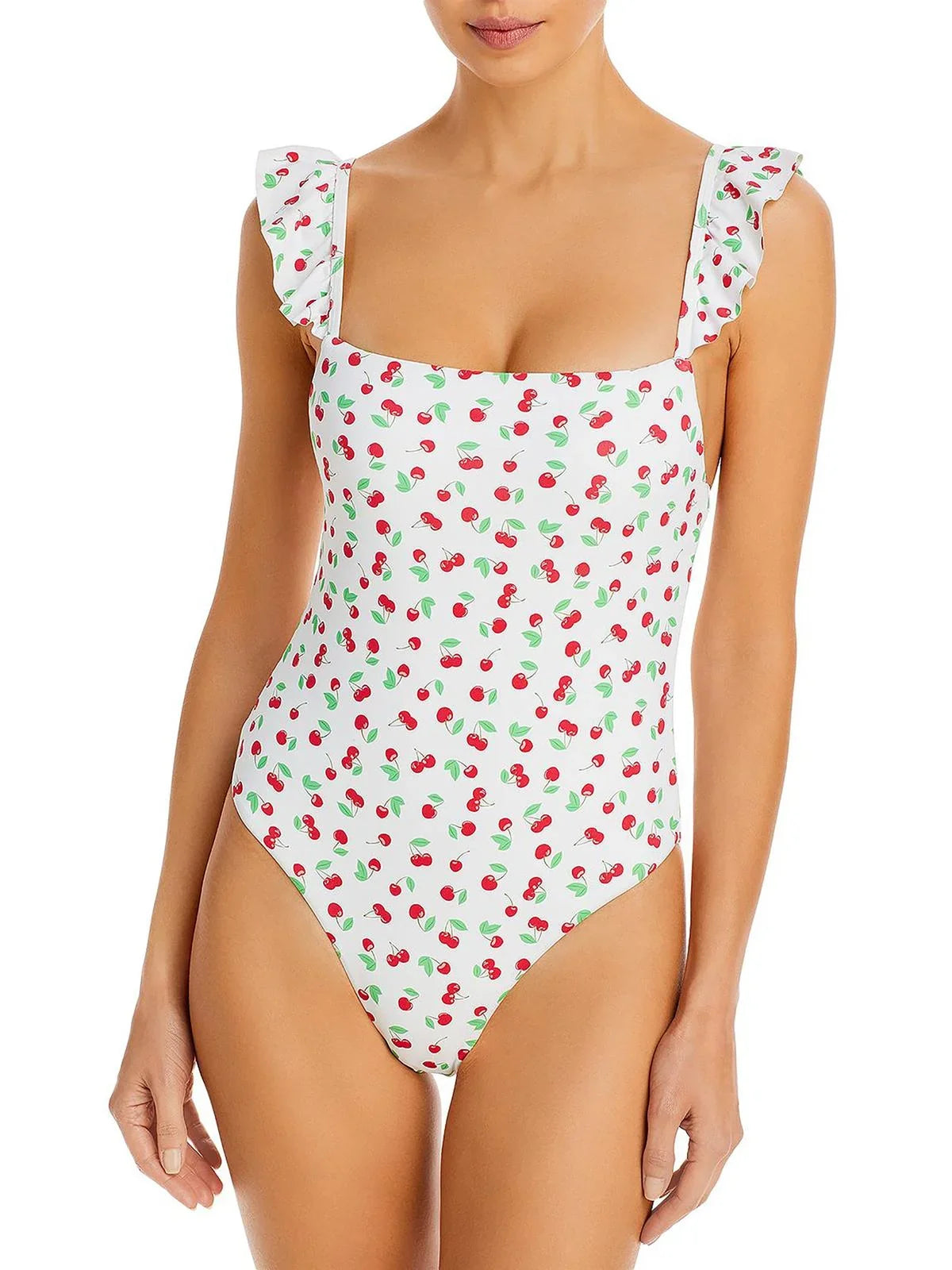 Aqua Swim Womens Maillot Square Neck Ruffled One-Piece Swimsuit