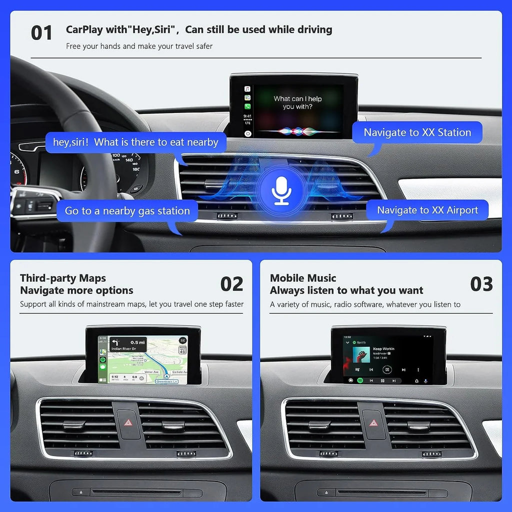 Road Top Wireless Carplay Android Auto Module Audi Q3 2014-2018 Year with MMI 3G, (HN+ Car Software Version), Carplay Retrofit Kit Decoder, Support Mirrorlink, Camera