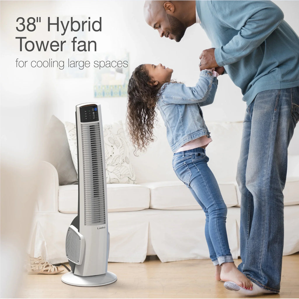 Lasko 39" 4-Speed Oscillating Hybrid Tower Fan with Timer and Remote, White, T38400, New