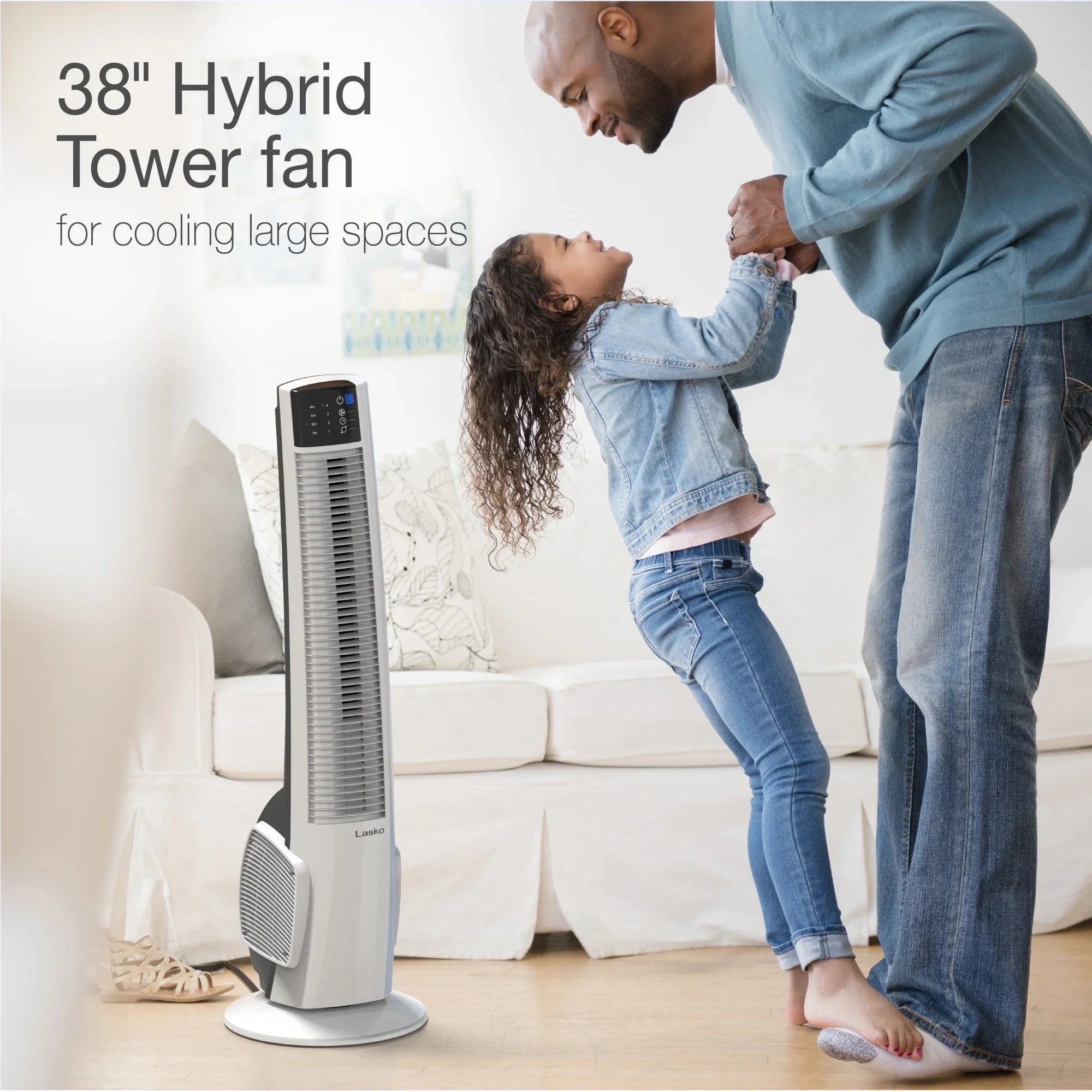 Lasko 39" 4-Speed Oscillating Hybrid Tower Fan with Timer and Remote, White, T38400, New