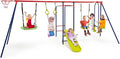 OLAKIDS Swing Sets Backyard, 7 in 1 Outdoor A-Frame Heavy Duty Metal Swing Stand with Monkey Bar Kids, 660LBS Playground Playset with Slide, 2 Swings, Glider, Trapeze Rings, Basketball Hoop
